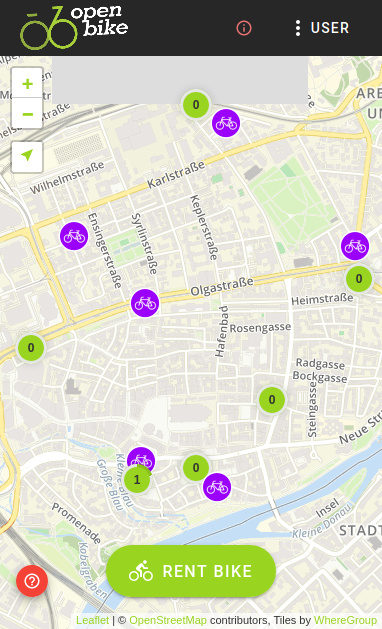 OpenBike interface: Map with bikes
