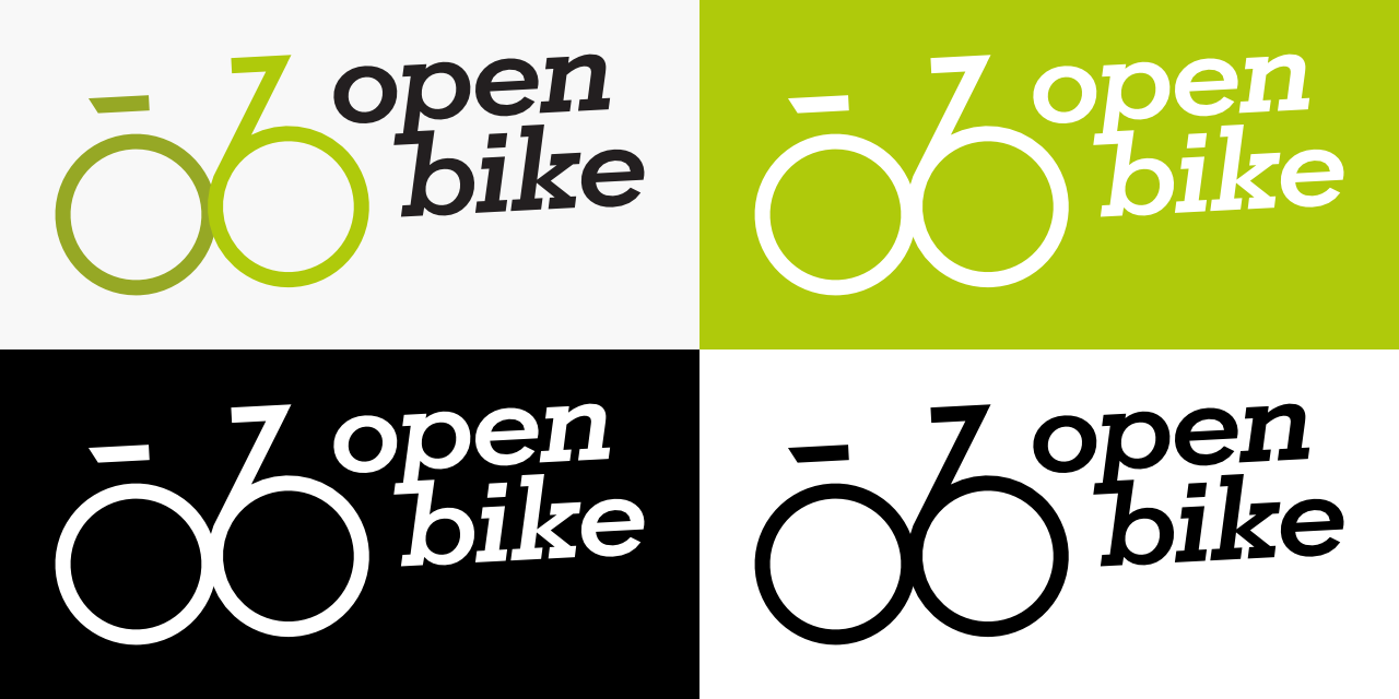 openbike logo in color, white, black on different backgrounds