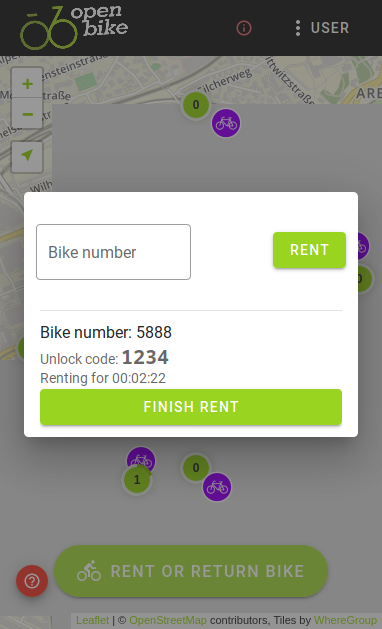 OpenBike interface: Rent has started